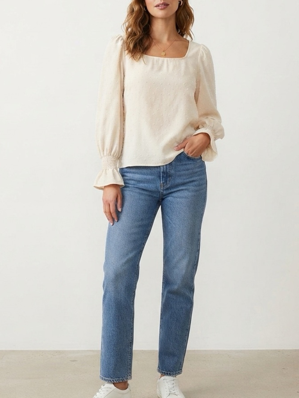 Ann Taylor Factory Cream Swiss Dot Ruffle Cuff Blouse